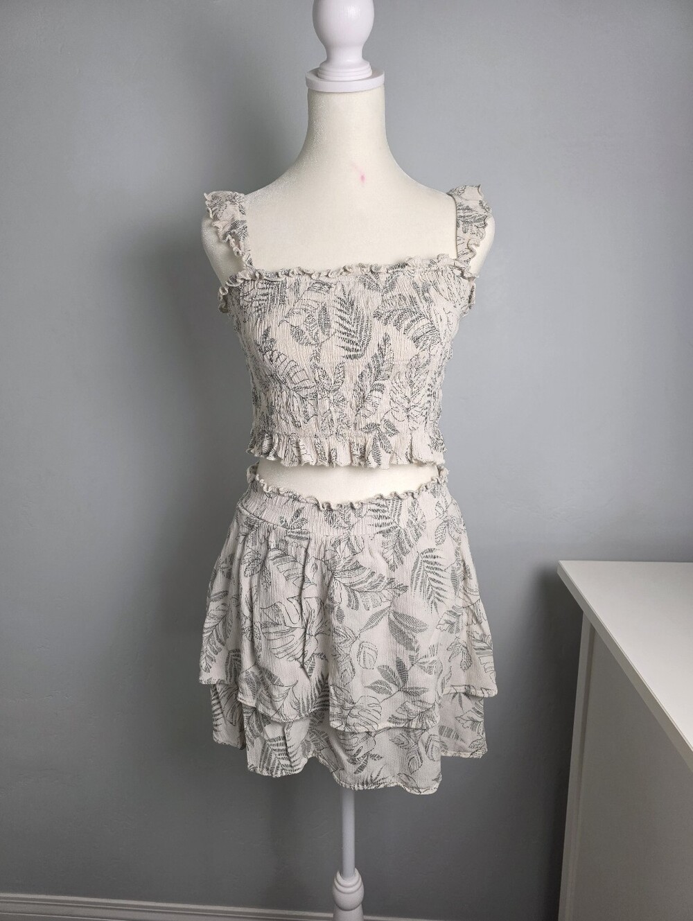 Papermoon Cream Botanical Print Smocked Crop Top & Tiered Skirt Set